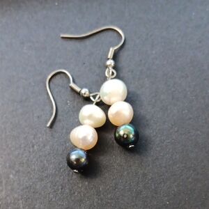 Freshwater White, Pink And Black Pearl Drop Earrings